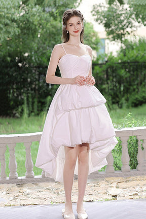 White Spaghetti Strap Satin High Low Party Dress, Beautiful A-Line Evening Dress