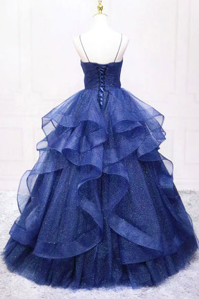 Dark Blue Tulle Layers Long Formal Dress, Blue Tulle with Straps Party Dress