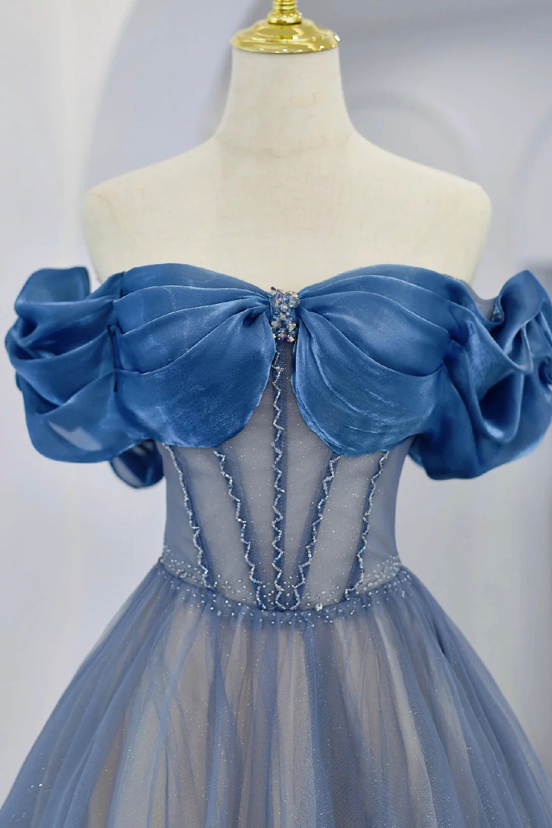 Blue Tulle Beaded Floor Length A-Line Prom Dress, Elegant Off the Shoulder Evening Party Dress