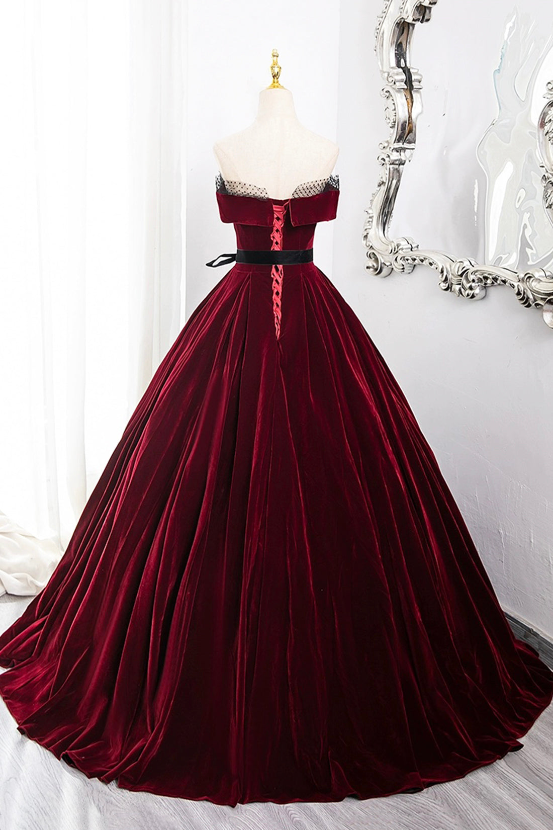 Burgundy Velvet Long Formal Dress, Off the Shoulder Evening Party Dress