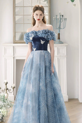 Blue Velvet and Spotted Tulle Floor Length Prom Dress, Elegant Off the Shoulder Evening Party Dress