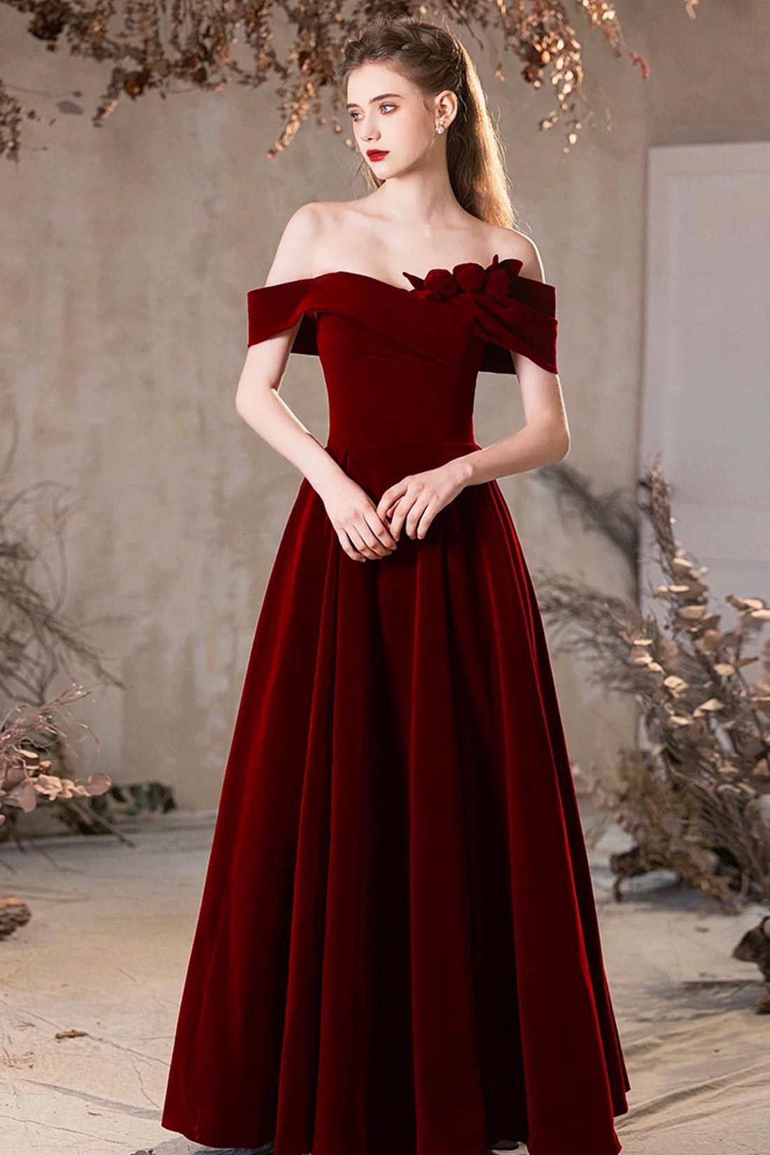 Burgundy Velvet Long A-line Prom Dress, Beautiful Off the Shoulder Party Dress