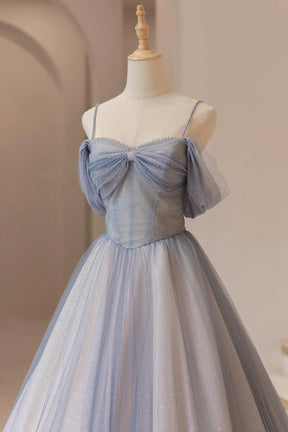 Blue Spaghetti Strap Shiny Tulle Long Prom Dress, Beautiful A-Line Evening Dress