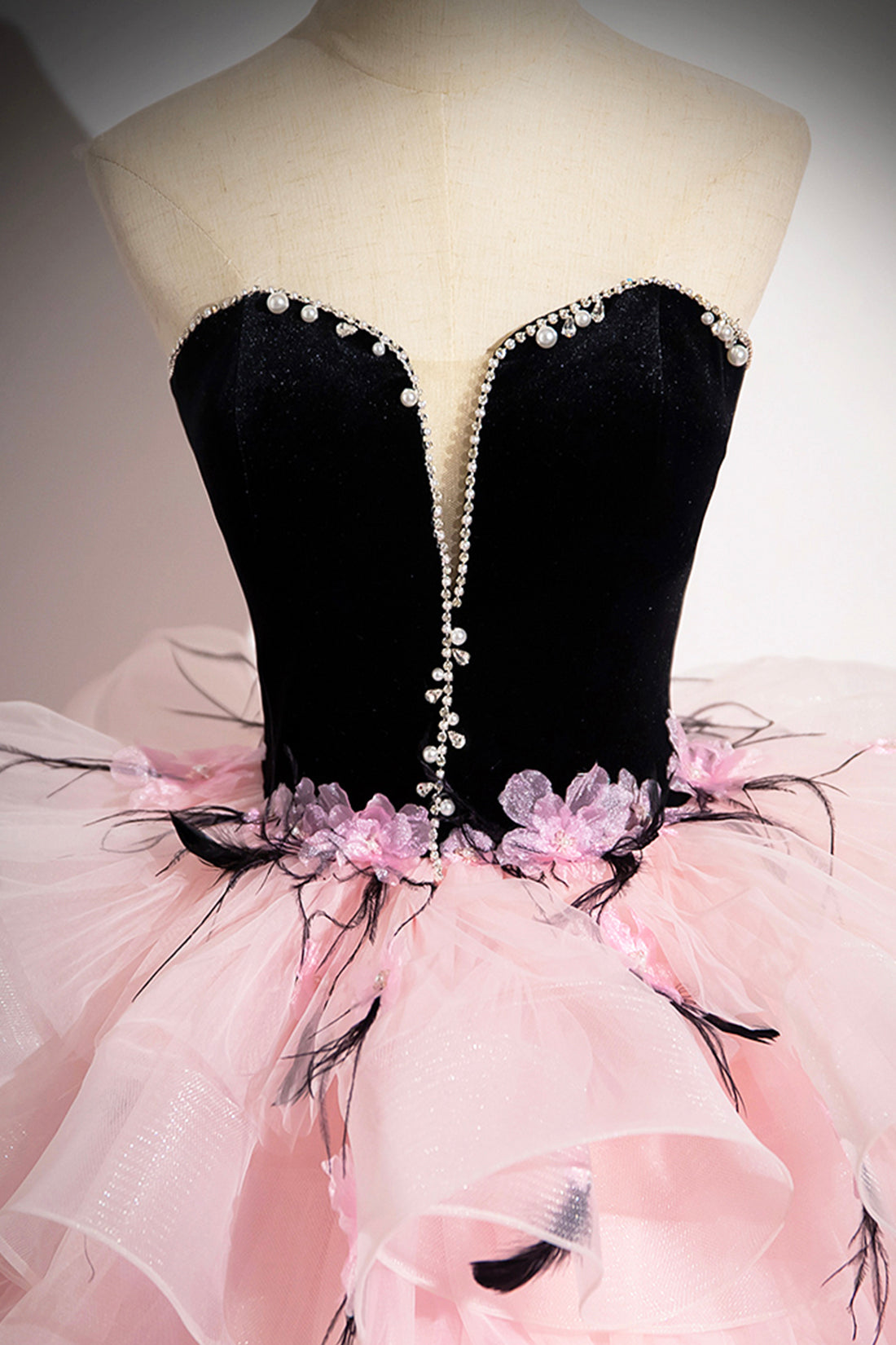 Black Velvet and Pink Tulle Strapless Ball Gown, Pink Backless Ruffles Black Velvet and Pink Tulle Strapless Ball Gown, Pink Backless Ruffles