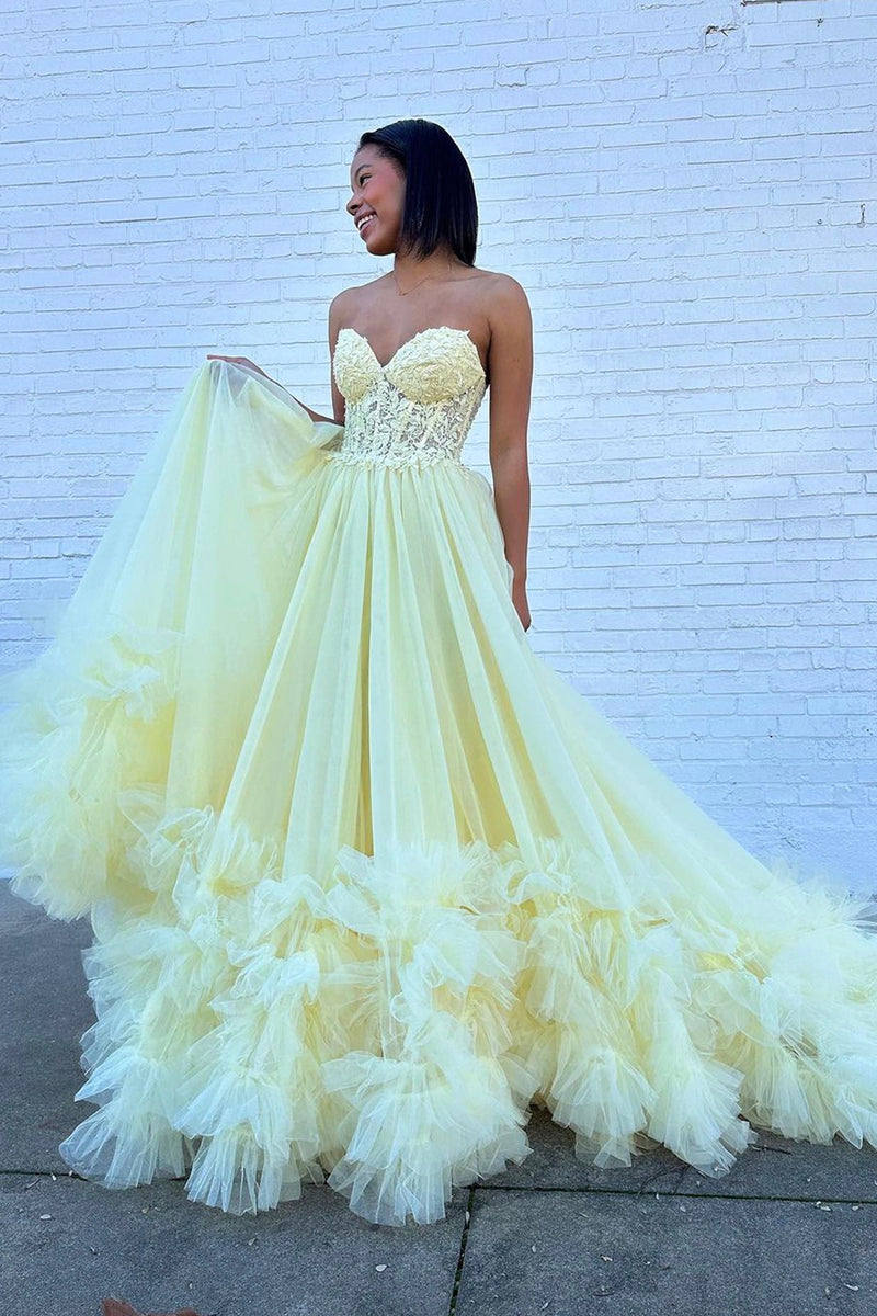 A-Line Yellow Sweetheart Corset Ruffle Prom Dress, Beautiful Tulle For