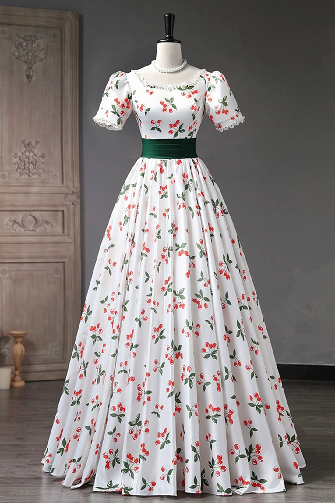 Cute Cherry Pattern Long Princess Prom Dress, White A-Line Evening Par Cute Cherry Pattern Long Princess Prom Dress, White A-Line Evening Par