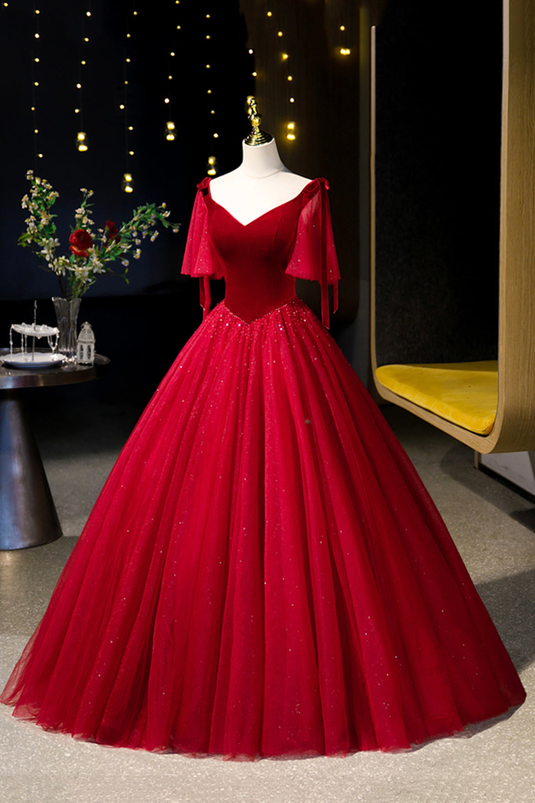 Red v neck tulle long prom dress, red tulle evening dress