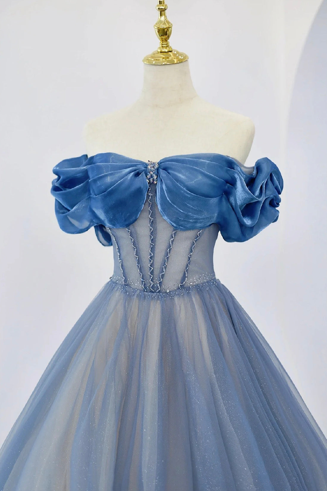 Blue Tulle Beaded Floor Length A-Line Prom Dress, Elegant Off the Shoulder Evening Party Dress