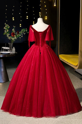 Burgundy Velvet and Tulle Long Prom Dress, A-Line V-Neck Formal Evening Dress