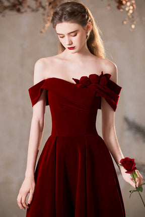 Burgundy Velvet Long A-line Prom Dress, Beautiful Off the Shoulder Party Dress