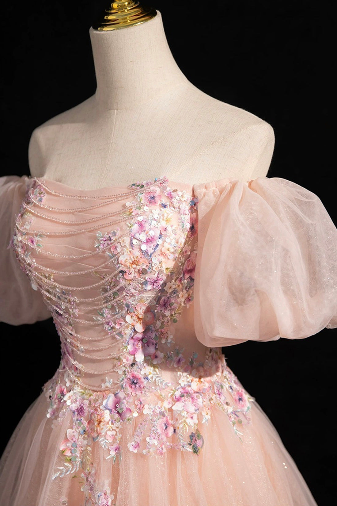 Pink Tulle Lace Floor Length Prom Dress, Off the Shoulder Formal Evening Dress