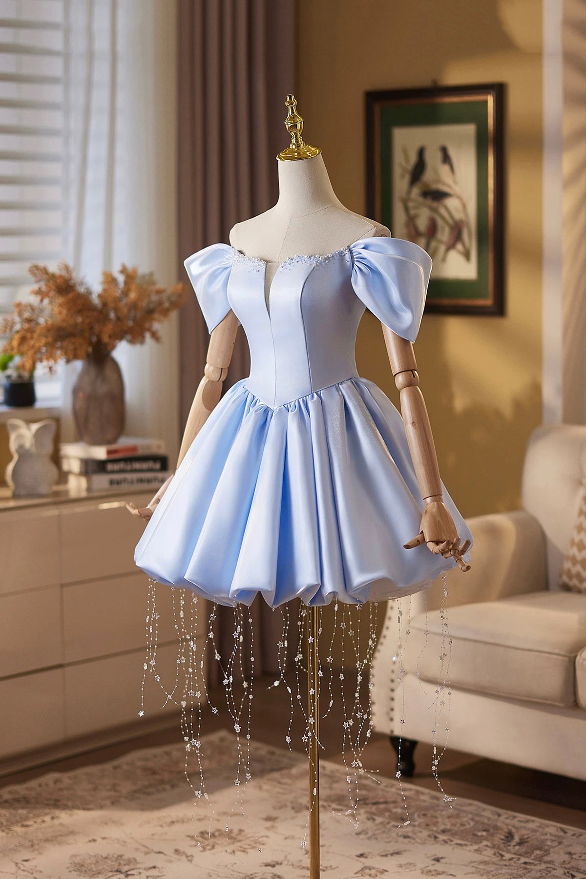 Light Blue Short Prom Dress with Tassels, A-Line Off-the-Shoulder Homecoming Gown