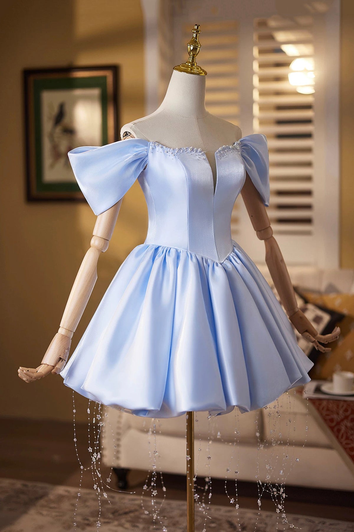Light Blue Short Prom Dress with Tassels, A-Line Off-the-Shoulder Home Light Blue Short Prom Dress with Tassels, A-Line Off-the-Shoulder Home
