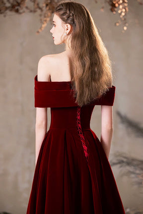 Burgundy Velvet Long A-line Prom Dress, Beautiful Off the Shoulder Party Dress