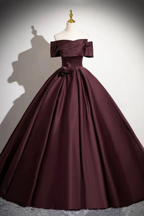 Burgundy Satin Long Prom Dress, Burgundy Off the Shoulder Formal Dress