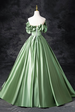 Green Satin Long A-Line Party Dress, Off the Shoulder Formal Evening Dress