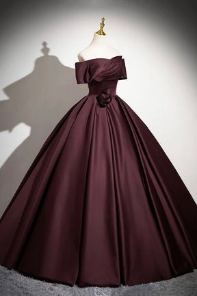 Burgundy Satin Long Prom Dress, Burgundy Off the Shoulder Formal Dress