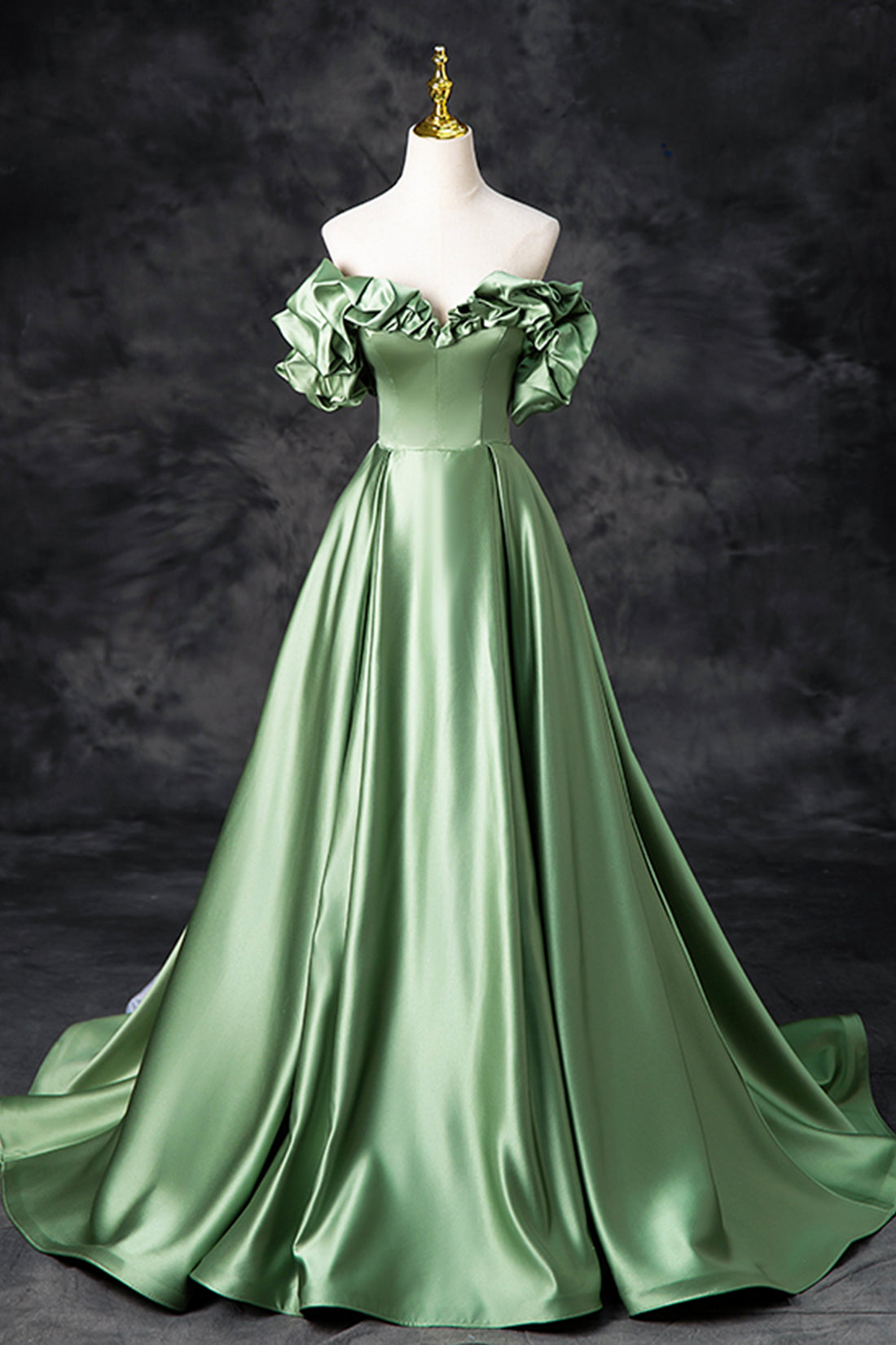 Green Satin Long A-Line Party Dress, Off the Shoulder Formal Evening D Green Satin Long A-Line Party Dress, Off the Shoulder Formal Evening D