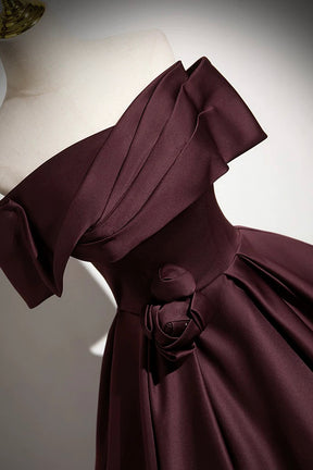 Burgundy Satin Long Prom Dress, Burgundy Off the Shoulder Formal Dress