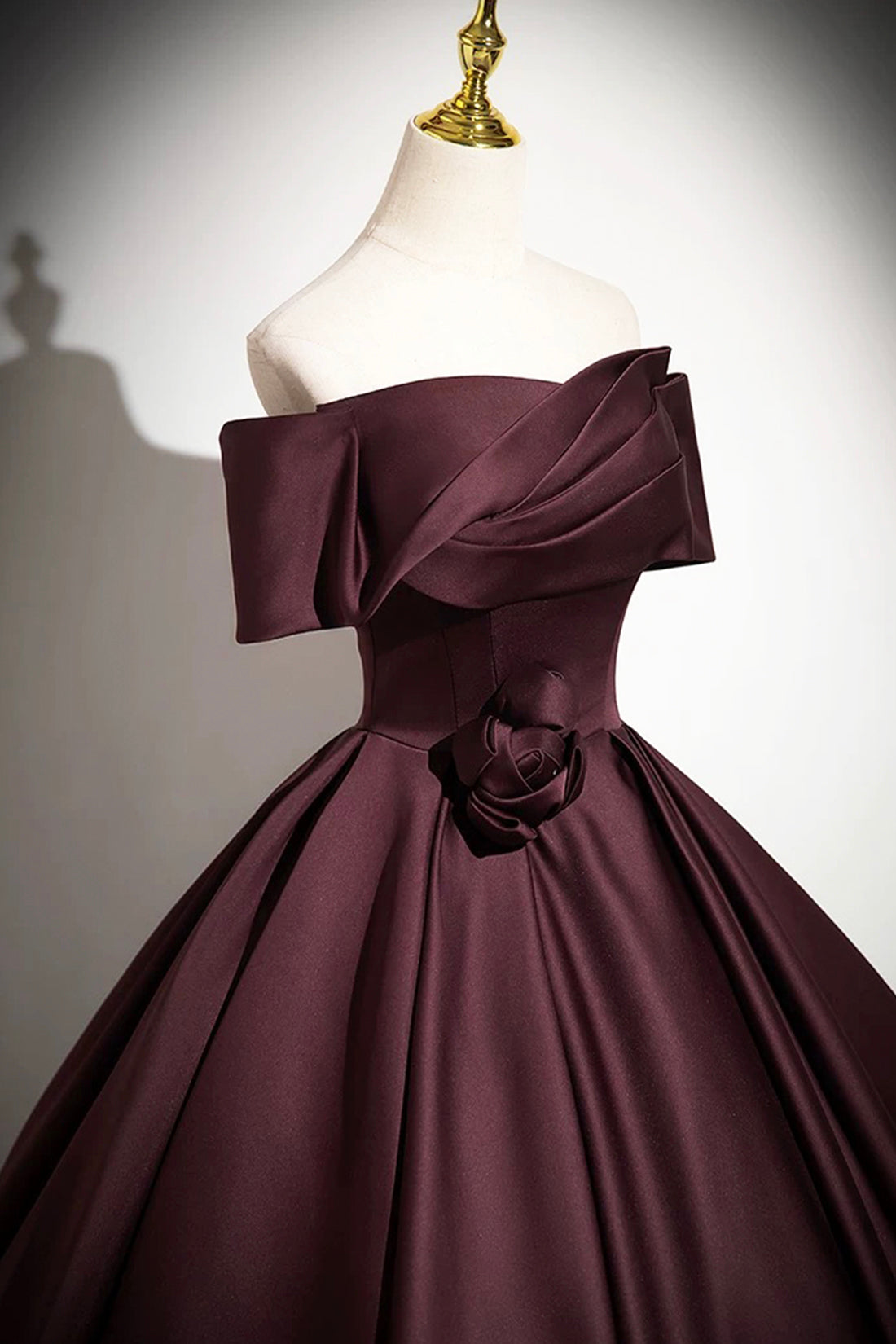 Burgundy Satin Long Prom Dress, Burgundy Off the Shoulder Formal Dress