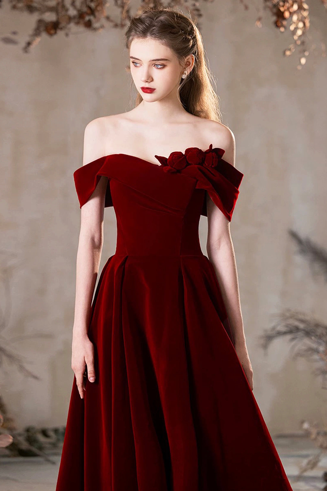 Burgundy Velvet Long A-line Prom Dress, Beautiful Off the Shoulder Party Dress