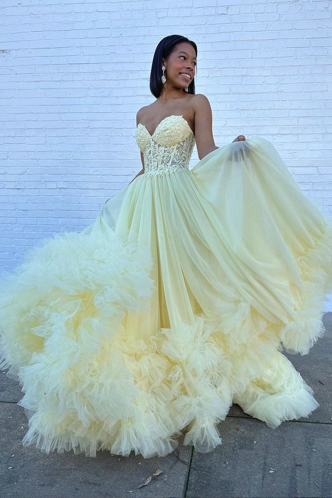 A-Line Yellow Sweetheart Corset Ruffle Prom Dress, Beautiful Tulle For A-Line Yellow Sweetheart Corset Ruffle Prom Dress, Beautiful Tulle For