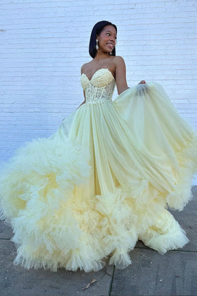 A-Line Yellow Sweetheart Corset Ruffle Prom Dress, Beautiful Tulle Formal Evening Dress