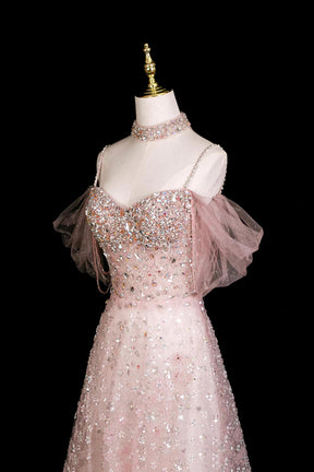 Sparkly Pink Sequin Evening Dress Off Shoulder A-Line Formal Gown