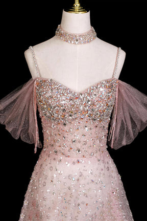 Sparkly Pink Sequin Evening Dress Off Shoulder A-Line Formal Gown