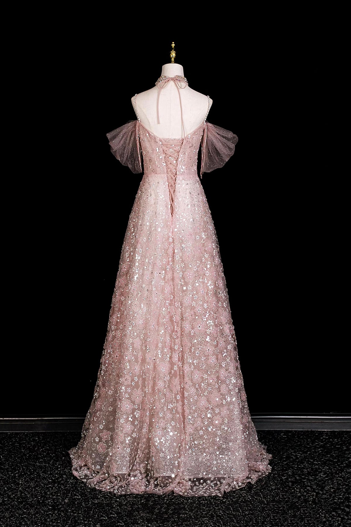 Sparkly Pink Sequin Evening Dress Off Shoulder A-Line Formal Gown