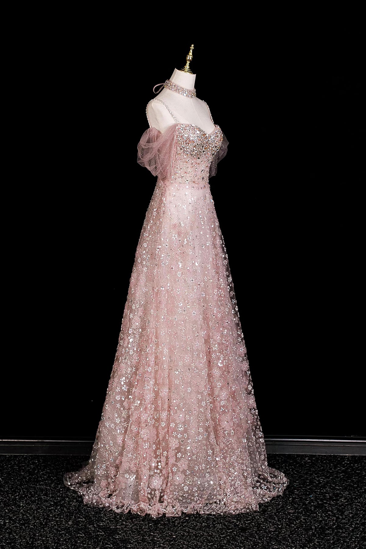 Sparkly Pink Sequin Evening Dress Off Shoulder A-Line Formal Gown