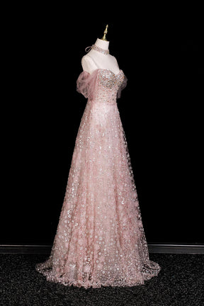 Sparkly Pink Sequin Evening Dress Off Shoulder A-Line Formal Gown