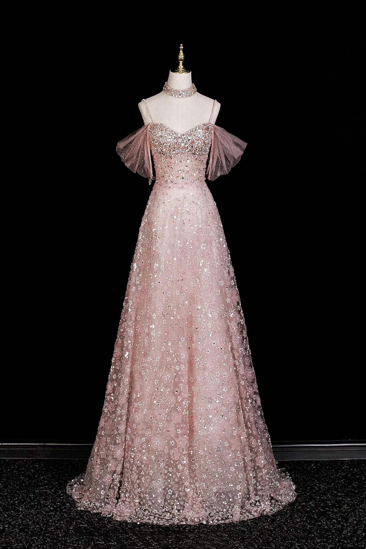 Sparkly Pink Sequin Evening Dress Off Shoulder A-Line Formal Gown