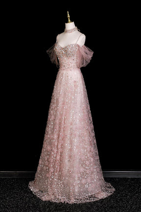 Sparkly Pink Sequin Evening Dress Off Shoulder A-Line Formal Gown