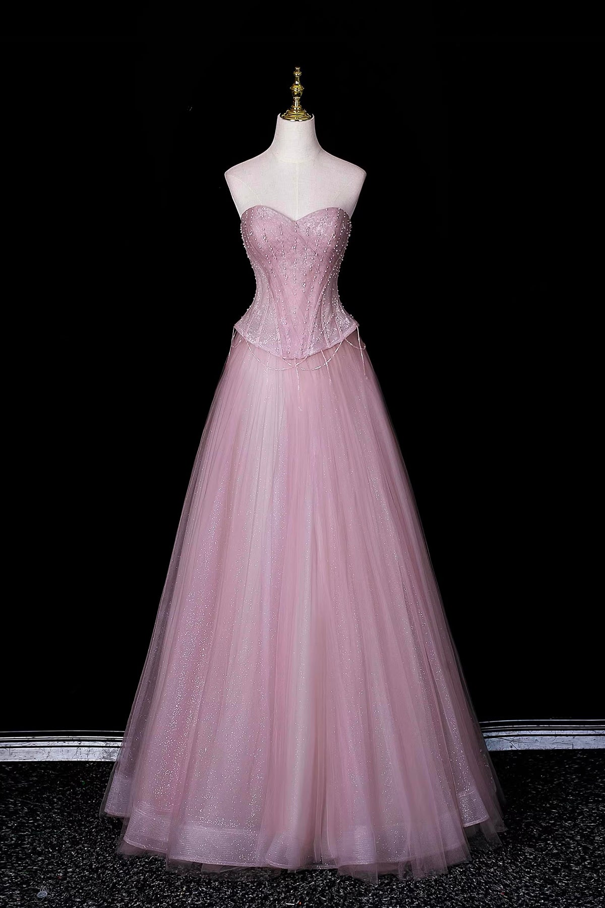 Sparkling Pink Tulle Ball Gown, A-line Sweetheart Neck Party Dress with Beaded Bodice