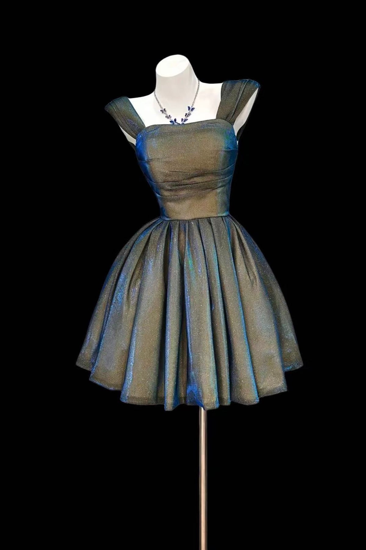 Iridescent Gunmetal Glitter Mini Dress - A-Line Off the Shoulder Party Cocktail Gown