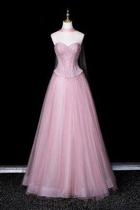 Sparkling Pink Tulle Ball Gown, A-line Sweetheart Neck Party Dress with Beaded Bodice