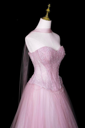 Sparkling Pink Tulle Ball Gown, A-line Sweetheart Neck Party Dress with Beaded Bodice