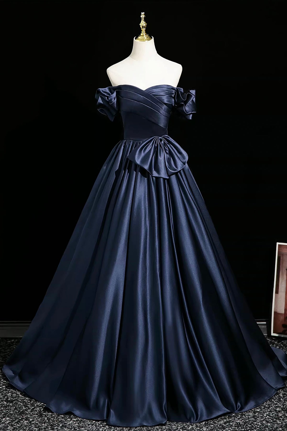 Navy Satin Floor Length Prom Party Gress, A-Line Off the Shoulder Evening Gown