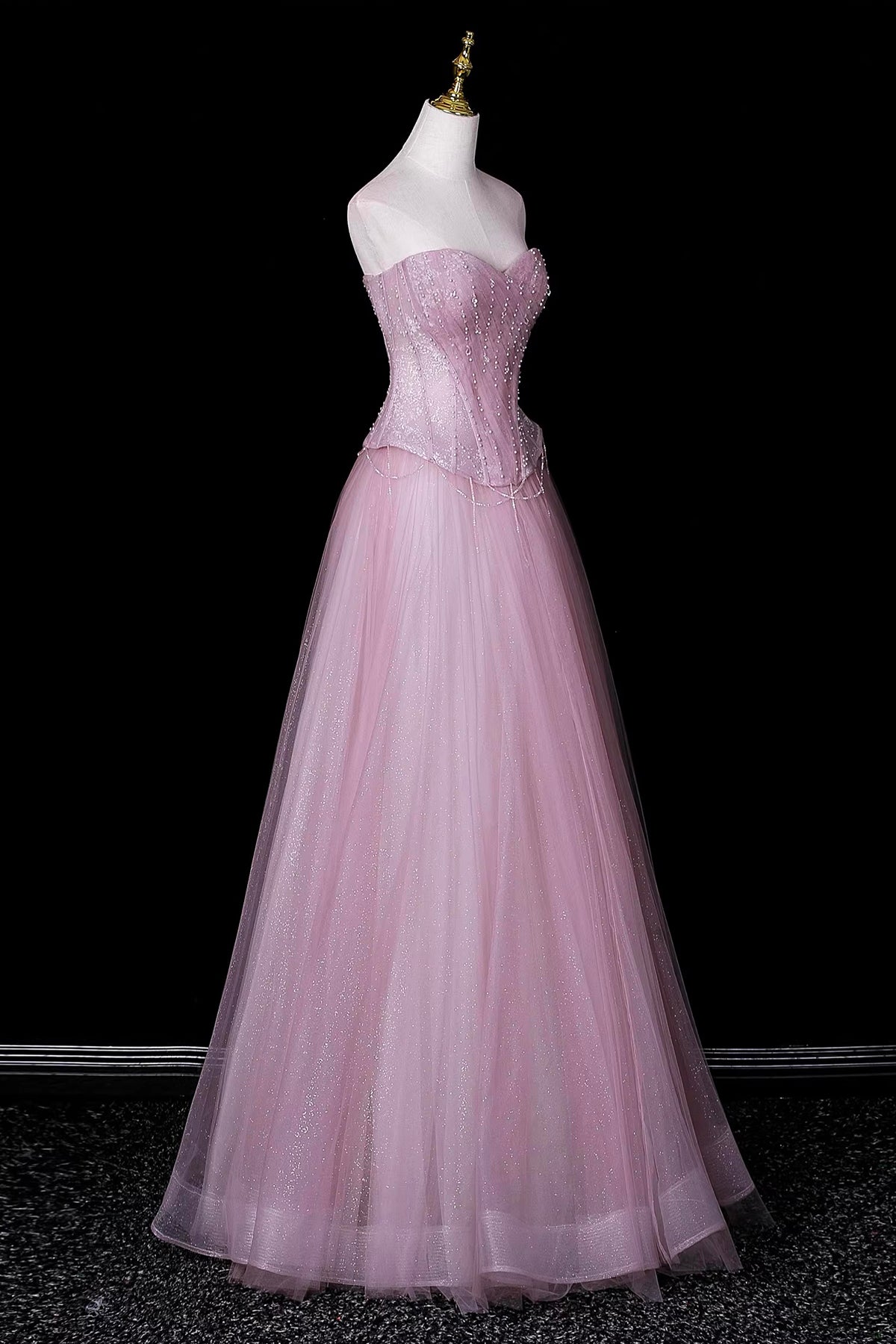 Sparkling Pink Tulle Ball Gown, A-line Sweetheart Neck Party Dress with Beaded Bodice