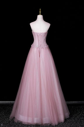 Sparkling Pink Tulle Ball Gown, A-line Sweetheart Neck Party Dress with Beaded Bodice
