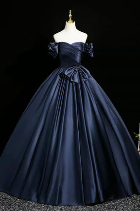 Navy Satin Floor Length Prom Party Gress, A-Line Off the Shoulder Evening Gown