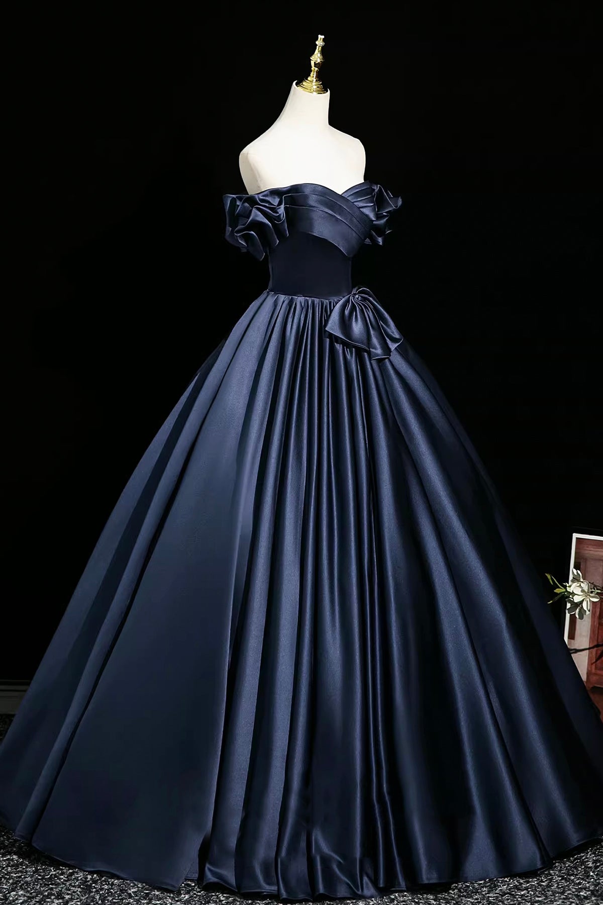 Navy Satin Floor Length Prom Party Gress, A-Line Off the Shoulder Evening Gown