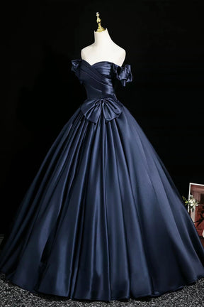 Navy Satin Floor Length Prom Party Gress, A-Line Off the Shoulder Evening Gown
