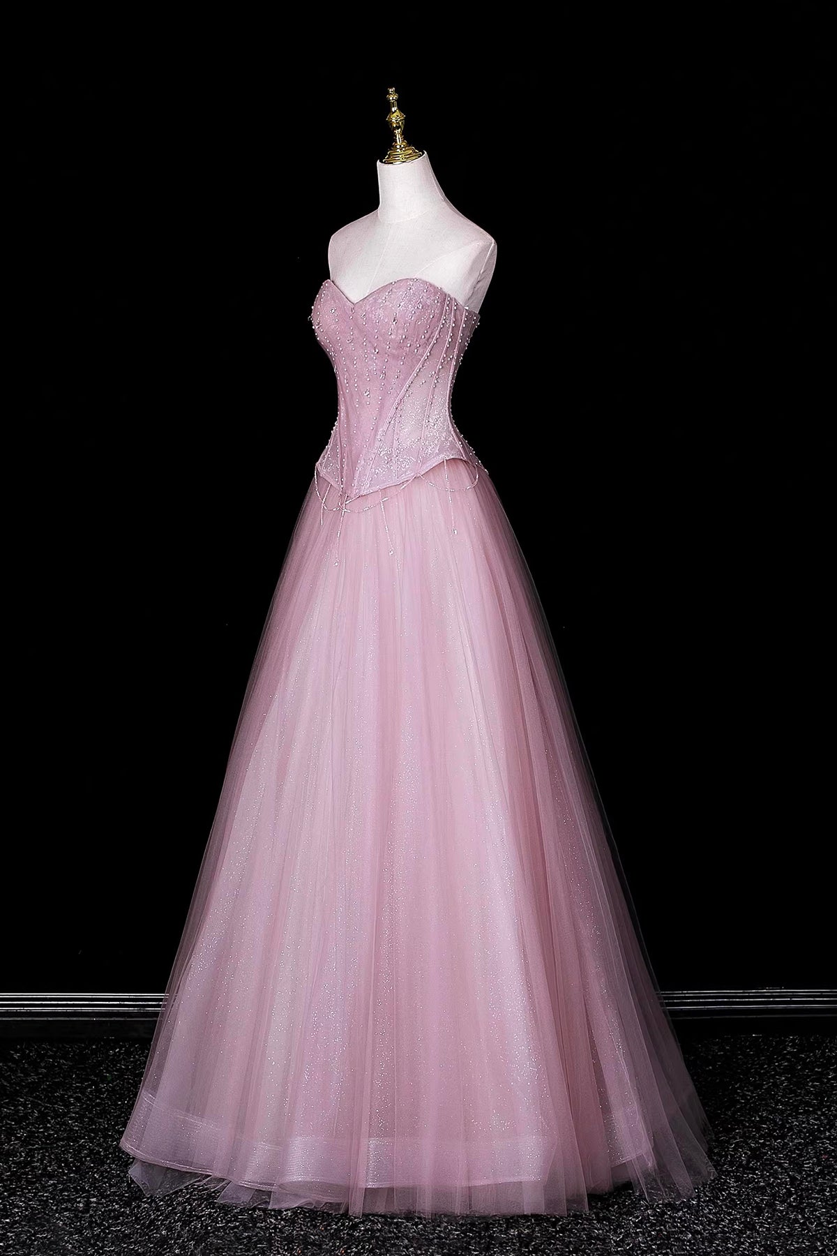 Sparkling Pink Tulle Ball Gown, A-line Sweetheart Neck Party Dress with Beaded Bodice