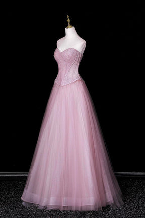 Sparkling Pink Tulle Ball Gown, A-line Sweetheart Neck Party Dress with Beaded Bodice