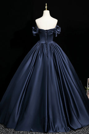 Navy Satin Floor Length Prom Party Gress, A-Line Off the Shoulder Evening Gown