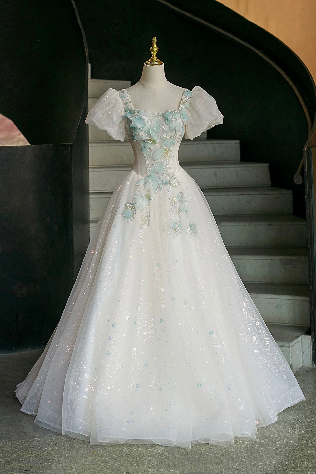 White Sparkle Tulle Ball Gown with Mint Floral Embroidery, Formal Dress