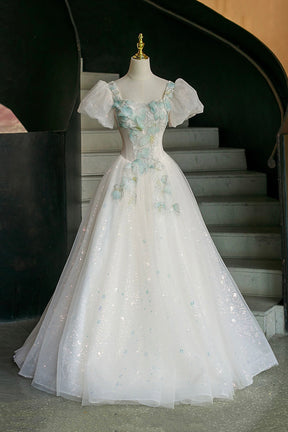 White Sparkle Tulle Ball Gown with Mint Floral Embroidery, Formal Dress