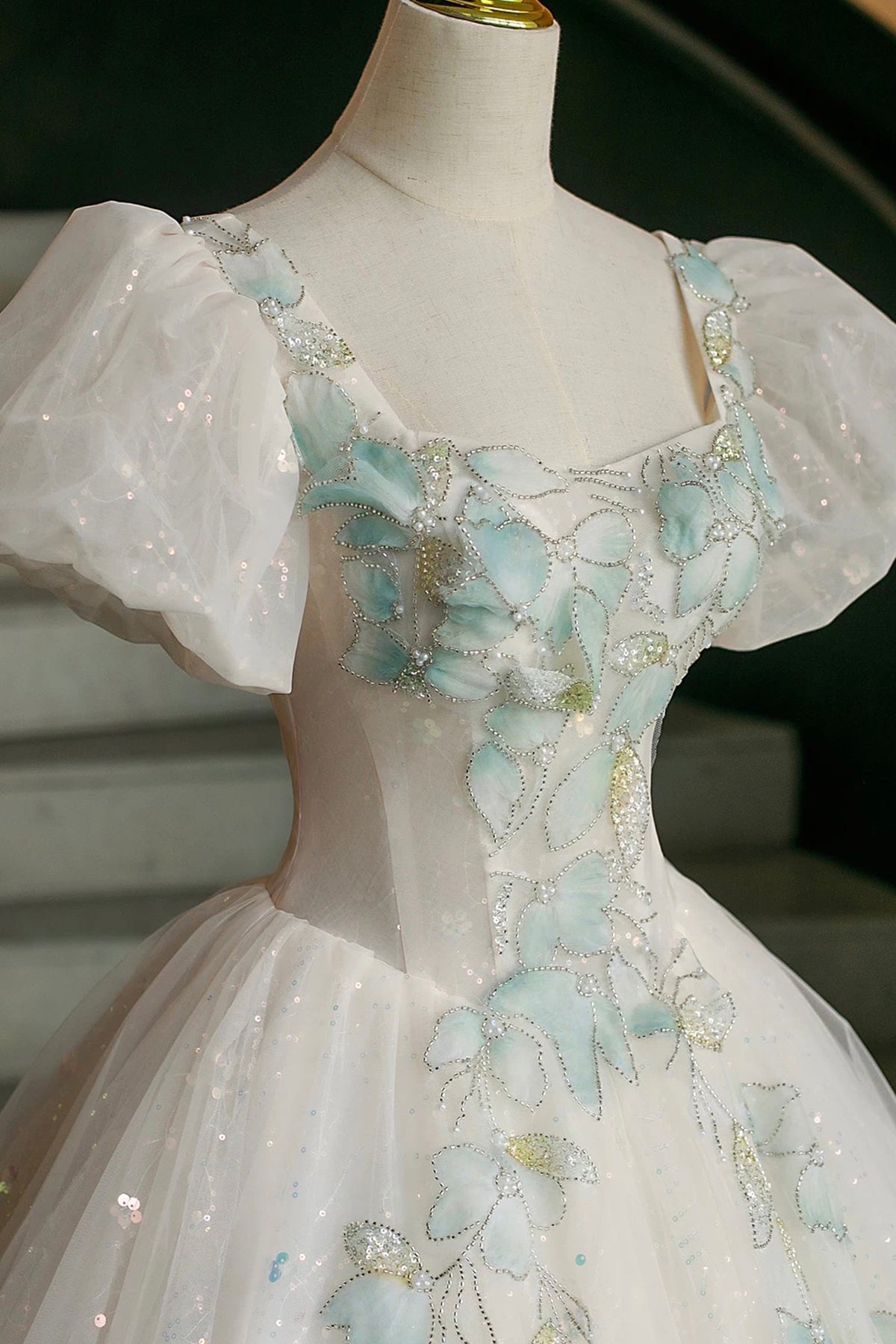 White Sparkle Tulle Ball Gown with Mint Floral Embroidery, Formal Dress